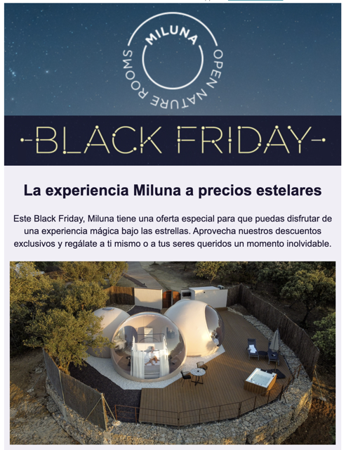 Miluna Black Friday newsletter promoting bubble-hotel stays